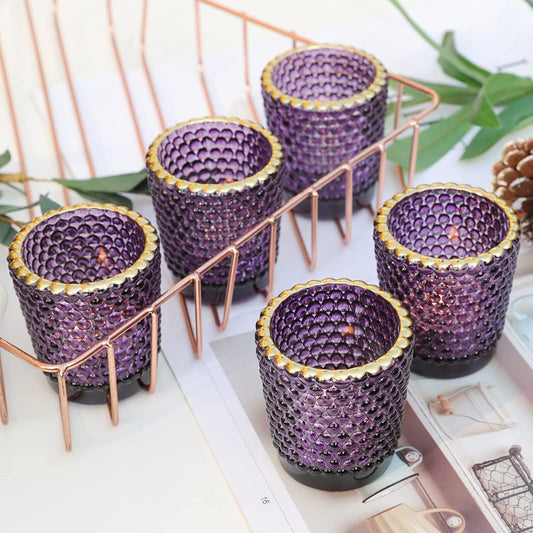Purple Tea Lights Candle Holder Bulk with Gold Rim Set of 12, Glass Votive Candle Holders for Table Centerpiece, Tealight Candle Holder for Wedding Party, Birthday - vohocandle