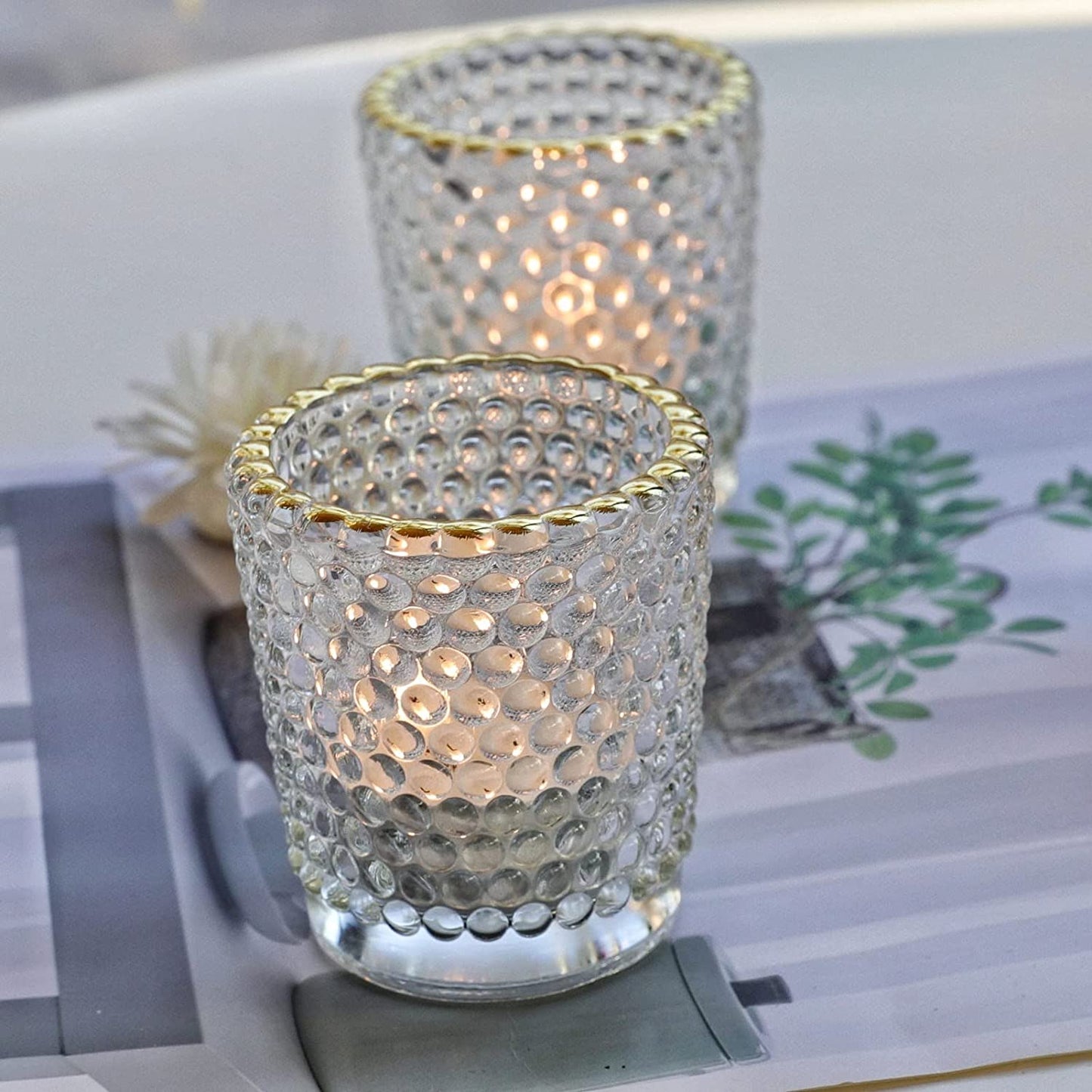 Clear Votive Candle Holders Set of 12, Tealight Candle Holder Bulk with Gold Rim for Table Centerpiece - vohocandle