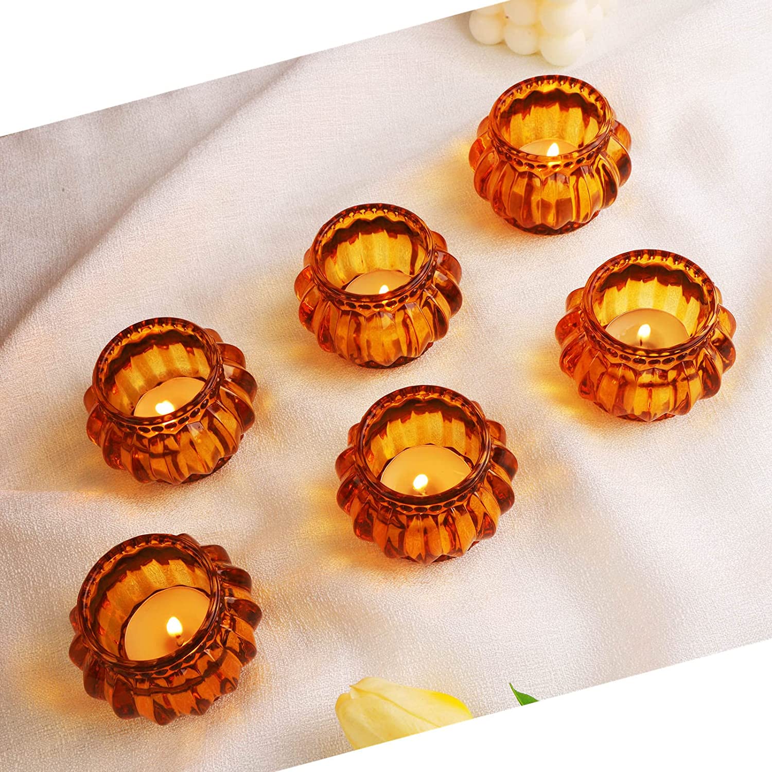Amber Tealight Candle Holder Set of 6, Glass Candle Holders Bulk for Wedding Table and Home Decor - vohocandle