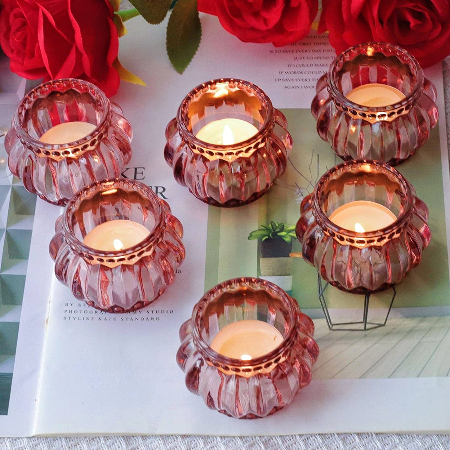 Rose Gold Tealight Candle Holder Set of 6 for Valentines Day Decor - vohocandle