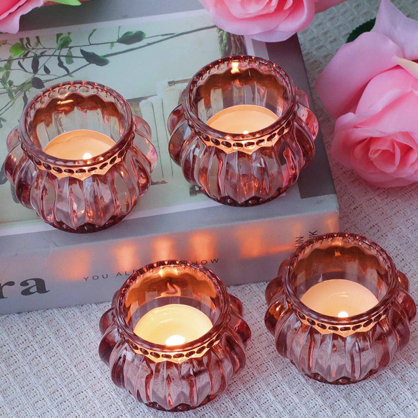 Rose Gold Tealight Candle Holder Set of 6 for Valentines Day Decor - vohocandle
