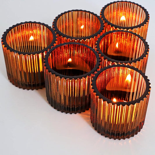 VOHO Votive Candle Holders for Wedding Candles, Amber Glass Candle Holder Set of 6 - vohocandle