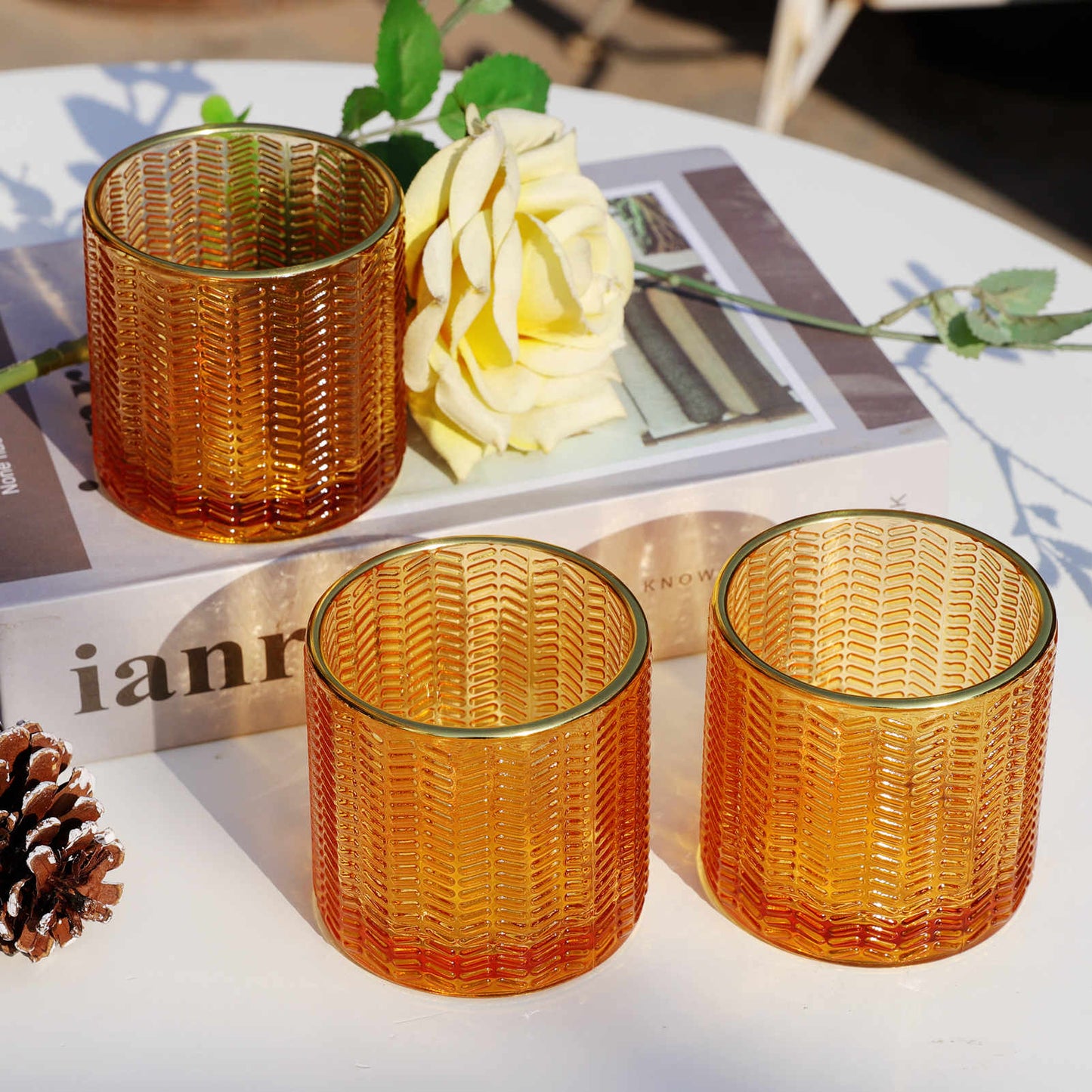 VOHO Wheat Votive Candle Holders for Holiday Candles, Glass Tealight Candle Holder Set of 6 with Gold Rim, Amber Votive Candle Holders for Table Centerpiece(2.75'' x 2.75'', Gold Amber) - vohocandle